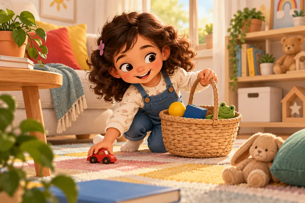 Niña pequeña buscando objetos de colores por la casa durante la búsqueda del tesoro